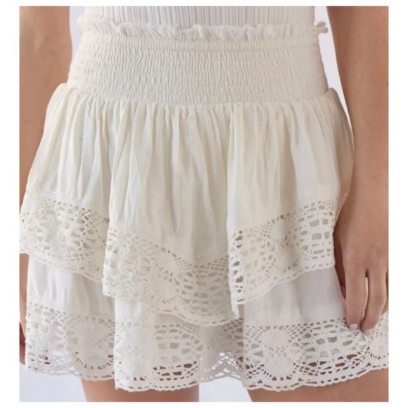 Urban Outfitters Dresses & Skirts - URBAN OUTFITTERS Linen Tiered Embroidered Beige Mini Skirt